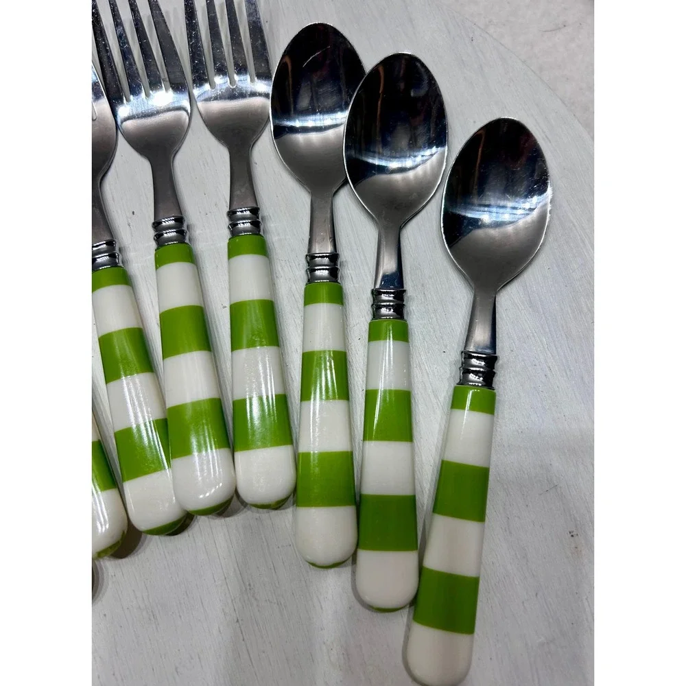 Vintage Green White Striped Flatware Set 11pc Stainless Taiwan Retro Silverware